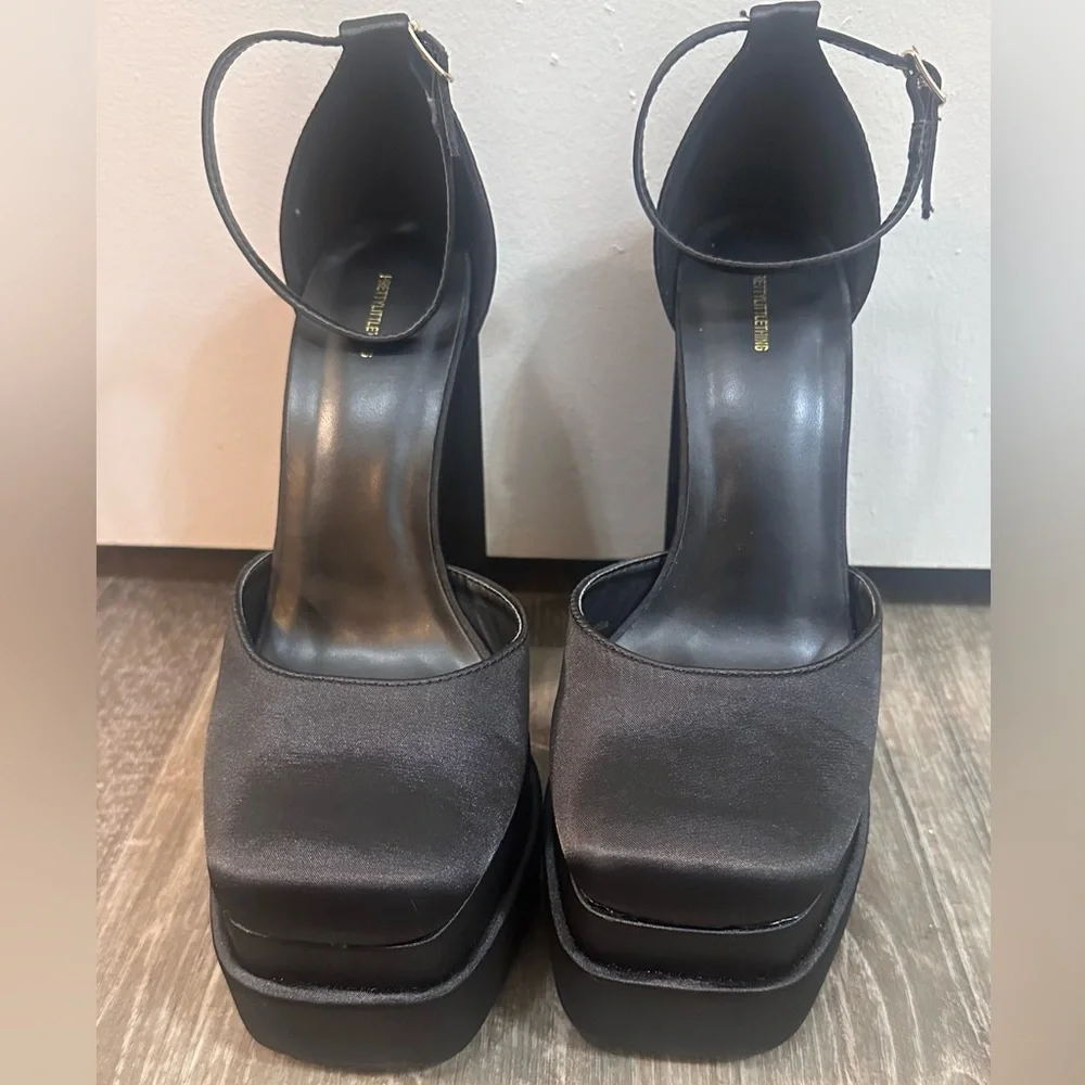 PrettyLittleThing Black Satin Square Toe Double Platform Heeled Sandals